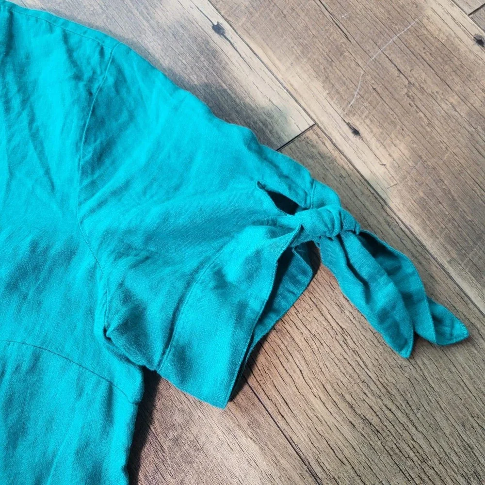 Charter Club Luxury Teal Green 100% Linen Split Neck Tie Sleeve Top Large